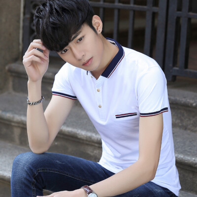 

Summer mens T-shirt short sleeved shirt to lead mens Korean shirts self-cultivation solid colors trends mens lapel