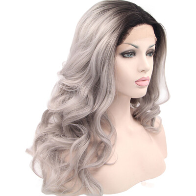 

Anogol 2 Tones Long Wavy Sliver Grey Ombre Dark Roots Peruca Laco Sintetico Heat Resistant Natural Wigs Synthetic Lace Front Wig