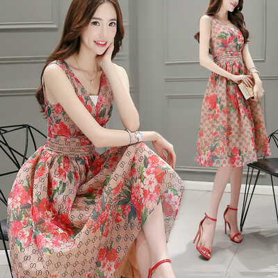 

Markentsee 2017 Women&39s temperament Sexy print Chiffon dress Sleeveless Slim zx174152 Picture color M