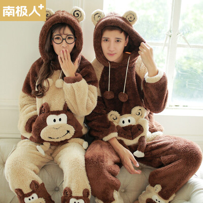 

Antarctic couple pajamas female winter head flannel long sleeve cartoon monkey coral fleece home service T-QL3034 female models light brown L code