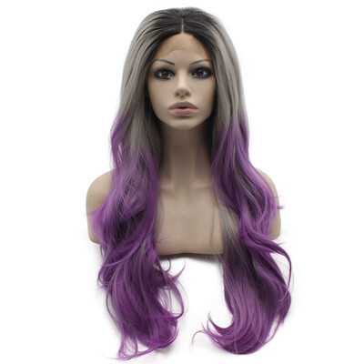 

Long Wavy Grey Purple Ombre Heat Friendly Fiber Hair Lace Front Wig