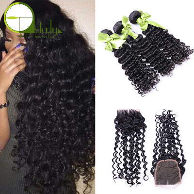 

7A Peruvian Virgin Hair Deep Wave Human Hair 4 Bundles With Lace Frontal Closure Unprocessed Peruvian Curly Hair With Closure