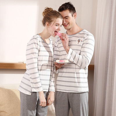 

Red beans home couple pajamas men&women spring&summer cotton long-sleeved striped cartoon home clothing suit 119 Ma gray 170 92A