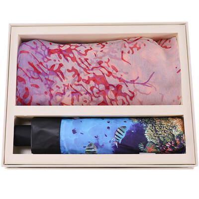 

Paradise umbrella gift set ocean world tri-fold small black umbrella umbrella purple silk long scarf