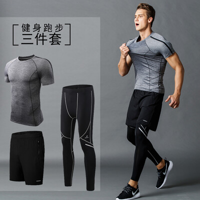 

Он Starr мужского быстросохнущий дышащей тренировок одежды весной и летом фитнес-тренировки одежды облегающей коротких рукава беговой дорожки костюм из трех частей черного XL