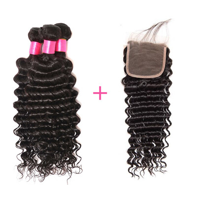 

Бразильские глубокие курчавые девичьи волосы с закрытием бразильских волос Virgin с закрытием Глубокое кружевное закрытие Мокрые и волнистые человеческие волосы