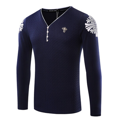 

Men's slim cotton V collar long sleeve printed casual T-shirt top