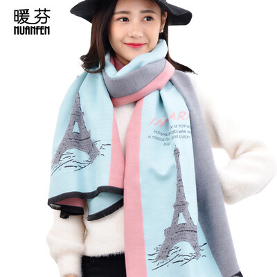 

Warm Fen NuanFen TS631WJC scarf female winter shawl autumn&winter bib dual-use cashmere warm printing Korean fashion cape tower light blue