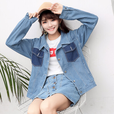 

JOY OF JOY Korean pocket puzzle simple loose fresh temperament long-sleeved cowboy jacket female JWWT178132 blue