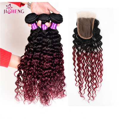 

8A Brazilian Virgin Human Hair Wave 3 Bundles Ombre Deep Wave With 4*4 Lace Closure Remy Hair Extensions