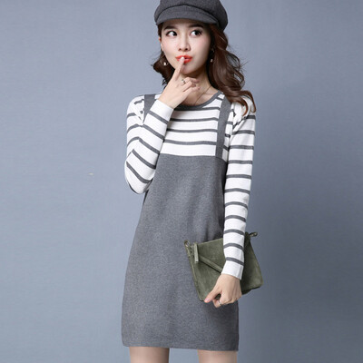 

A long morning 2017 Korean version of the temperament Slim was thin round collar shirt sweater women&39s head long section knitted dress long-sleeved autumn&winter leave two pieces S63W0206A11M gray M