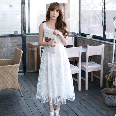 

Long Yue Women Slim Lace Embroidered Sleeveless Vest Dress Small Fresh Sweet Pure Chiffon Dress LWQZ172103 White M