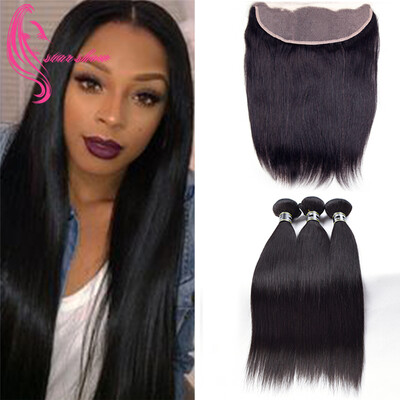 

7A Peruvian Virgin Hair 3 Bundles With Frontal Straight Hair Unprocessed Human Hair Weave Extensions Good Quality 1B Color