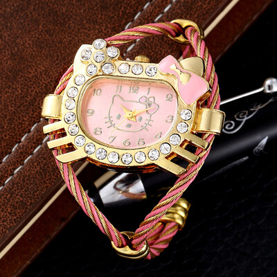 

Luxury Brand Hello Kitty Women Cuff Bracelet Watch Gold Weave Band Ladies Dress Watches Girls Rhinestone Clock