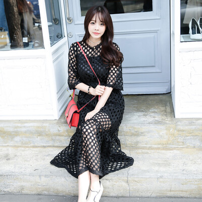 

Longyue Women Korean Slim Sling Mesh Hollow Dress Lace Waist Waist Two-piece LWQZ172104 Black