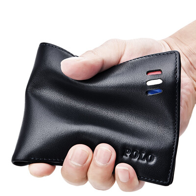 

POLO Mens First Layer Leather Wallet Soft&Wearable Short Wallet Thin Wallet 020831 Black
