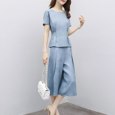 

Markentsee 2017 Women&39s Summer Chiffon Shirt Two-piece Pants Cotton Hemp Short Sleeve Cropped Leggings Casual Fashion Set Women zx1761102 Temperament Blue Gray L