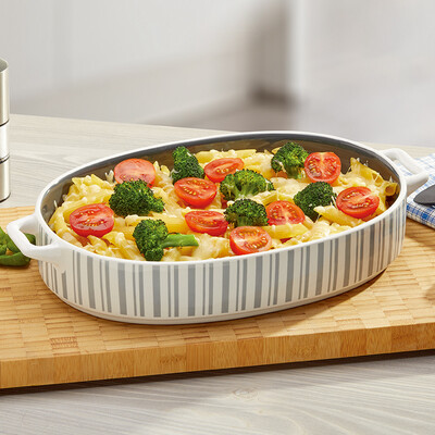 

супермаркет Су] [Jingdong керамических (СУШИ КЕРАМИКА) сыр запеченного рис блюда кастрюля бытовой печи жаропрочных специальной двойная ручка большой полосатые овальные панорамирование 14 дюймов