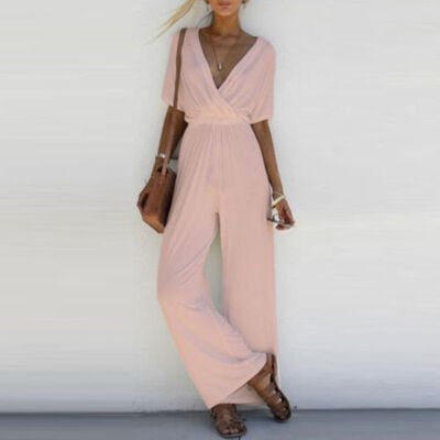 

CANIS@Women V Neck Loose Playsuit Party Ladies Romper Short Sleeve Long Jumpsuit S-XL