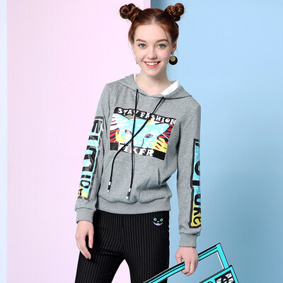 

Mark Huafei Women 2017 Autumn New Hooded Sweatshirt Striped Strap Hooded Sweatshirt Female 426306031003 Light Gray S