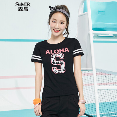 

Semir Semir short sleeve T-shirt summer ladies round neck letters printed straight t-shirt Korean version 12216000038 ice blue