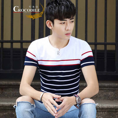 

Crocodile T-Shirt Men's Short Sleeve T-Shirt Summer V-neck Fashion Casual Striped Dress DT006 Blue Under White