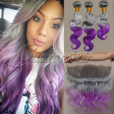 

8A New arrival 13x4 Lace Frontal Closure with 3 Bundles Body Wave Malaysian Virgin Human Hair Extensions Color GreyPurple