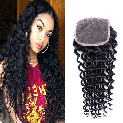 

Brazilian Remy Deep Wave Hair Lace Closure 4x4 Bleached Knots With Baby Hair Middle Part 100 Human Hair Shipping Free