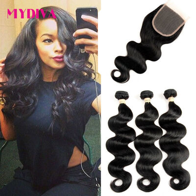 

7A Indian Virgin Hair 3 Bundles With Closure Free Part Indian Body Wave Virgin Human Hair With Closure Human Hair Weave Wavy
