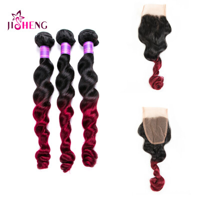 

8A Indian Virgin Human Hair Wave 3 Bundles Ombre Loose Wave With 44 Lace Closure Remy Hair Extensions