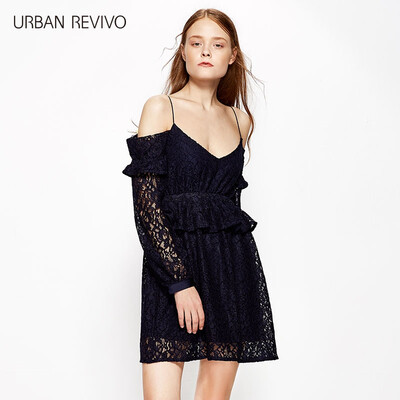 

UR Women 's Lace Perspective Sling Long Sleeve Dresses Deep Blue XL
