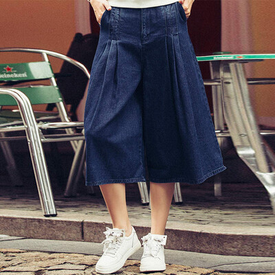 

Mark Huafei Women 2016 Winter New Products Cowboy wide leg pants loose denim 7 pants fashion high waist pants treasure blue