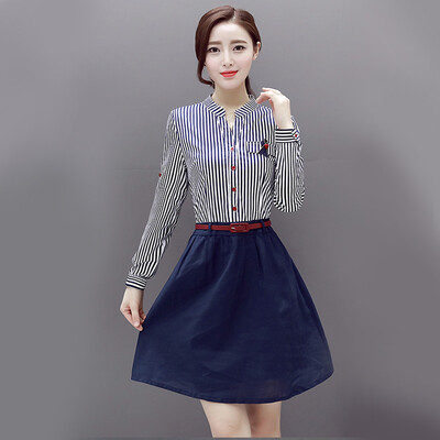 

Markentsee 2017 women's autumn single-row buckle two long-sleeved POLO collar elastic waist striped striped chiffon dress XMYR9973 picture color