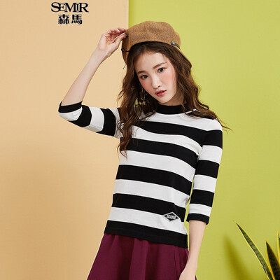 

Semir Knitwear Female 2017 Autumn Striped Stripe Shirt Women Elasticity Shirt 14316070213 White Black Tone XS