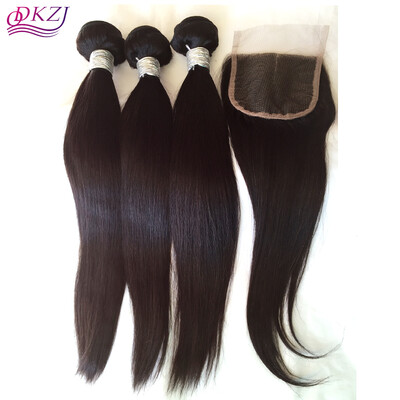 

QDKZJ Beruvian Virgin Human Hair Straight With Closure 3 Bundles Straight Hair With Middle Free Three Part Closure Free Shippin