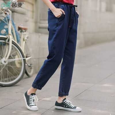 

(INMAN) 2017 autumn new dark blue lace with casual jeans women loose foot pants 1873333235 denim blue XL