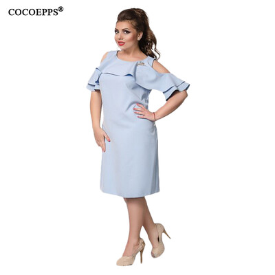 

COCOEPPS Fashion New Solid Women Dresses 2017 Sexy Plus Size Off-Shoulder Female Dress Big Size Ruffles Sleeve Blue Vestidos 6XL