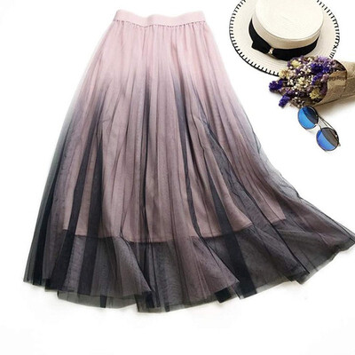 

temperament gradient 2018 summer new mesh skirt gradient color skirt female long section high waist pleated skirt