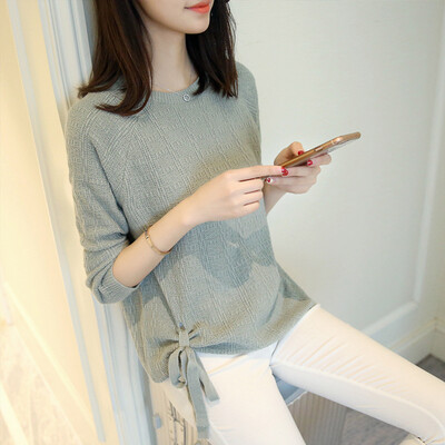 

sustory Women's 2017 autumn and winter section Korean version of the collar with sweater solid color pullover loose long-sleeved sweater SRSU082 bean green S
