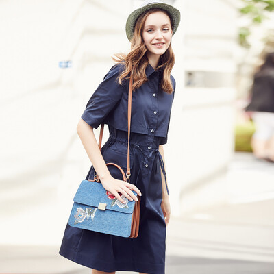 

Yixiang Liying 2017 autumn long section waist lace shirt type dress 870245211 navy blue XL