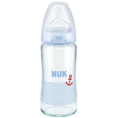 

NUK wide-bore glass bottle baby baby bottle 240ml with anti-flatulence silicone nipple 6 months or more round hole blue Germany imported