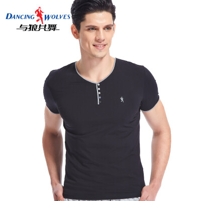 

Dance with wolves short-sleeved T-shirt mens cotton slim solid color V-neck half-sleeve male 9869 black