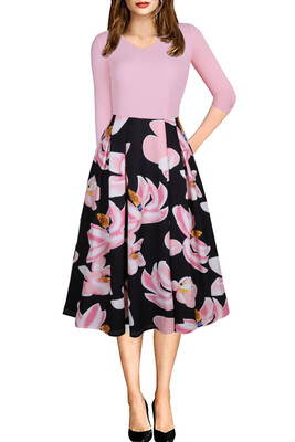 

2017 Women Autumn Flora Printed Dress With Pocket New Arrival