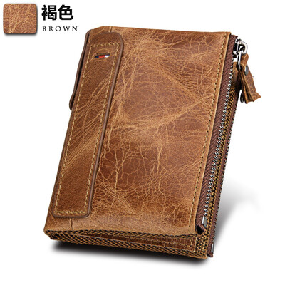 

Crazy Horse Leather Mens Wallet Leather Short Anti-RFID Pirate Brush Mens Wallet Double Zip Wallet