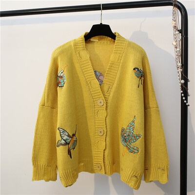 

2017 fashion women new bird embroidery flowers broken hole single row buckle sweater loose sweater coat