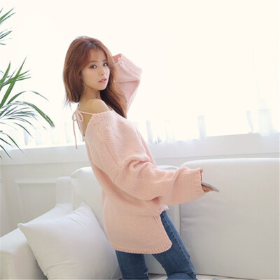 

Autumn and winter new women loose long sleeves hollow sexy back sweater art bow tie knit shirt