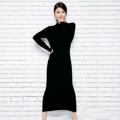 

17 autumn new dress half-high-necked knitted dress skirt a step skirt Slim was thin solid sweater