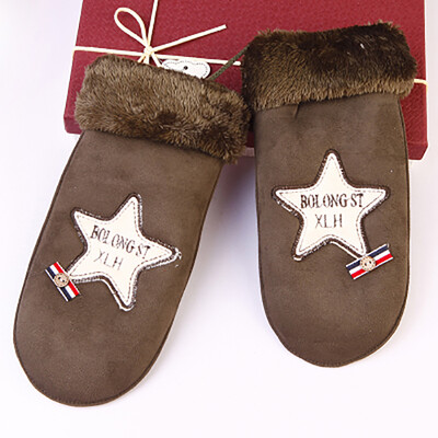 

Winter thickening warm gloves cute student cartoon plus velvet fingers hanging neck sweet