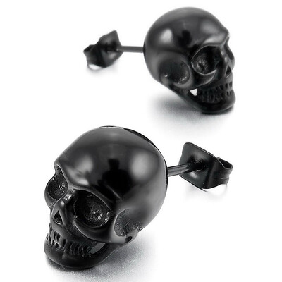

Mens Stainless Steel Stud Earrings Silver Tone Black Skull