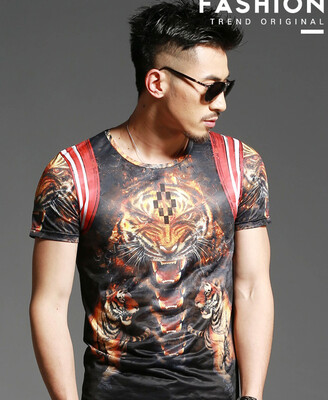 

SHUYI Mens T - shirt Short - Sleeved Men s Tide Black Round Neck Tiger Head Print Half - Sleeved Individual Round Neck Tulips